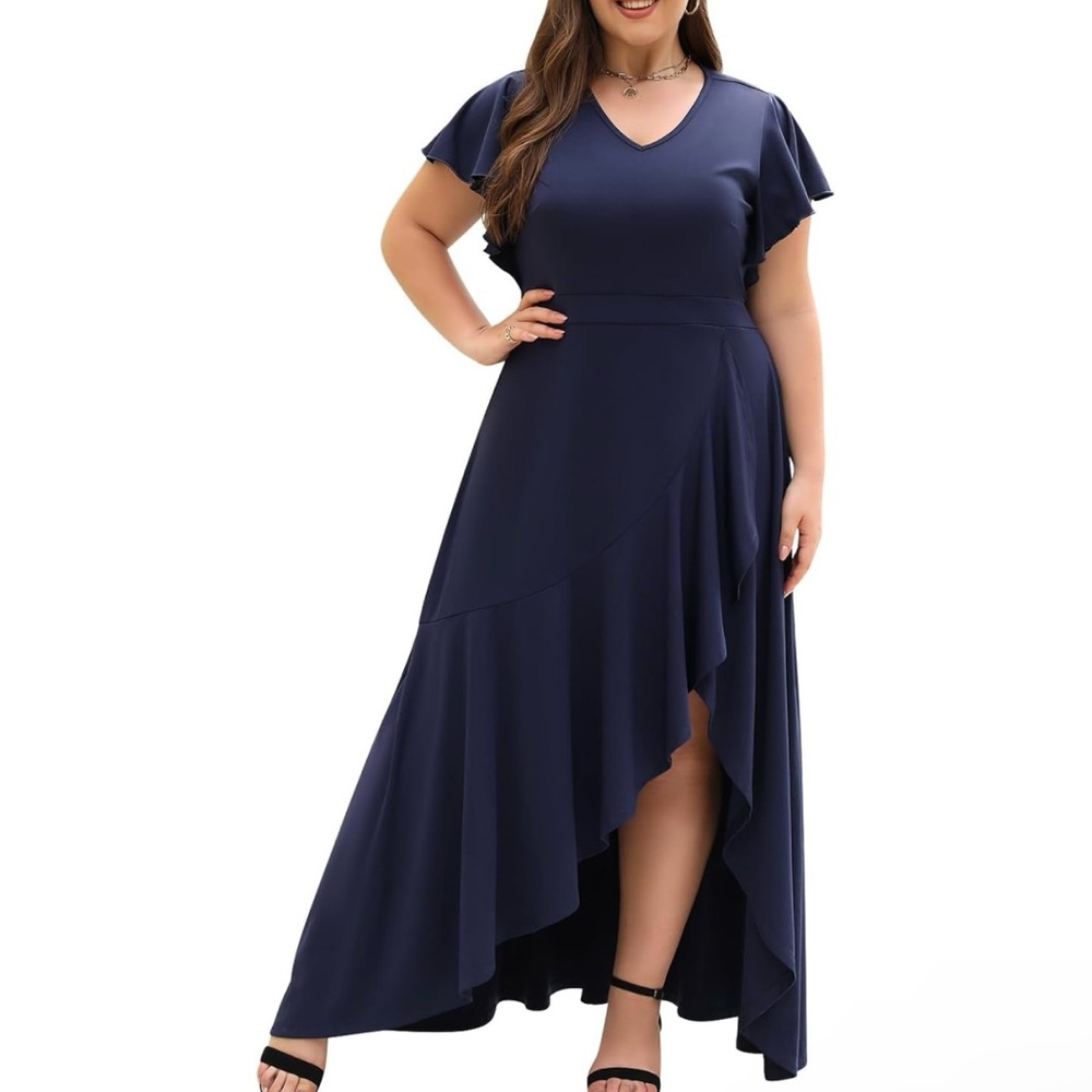 KELUUMMI Blue High Low Flutter Sleeve Ruffle Dress Size 20 Mermaid Tail V-Neck